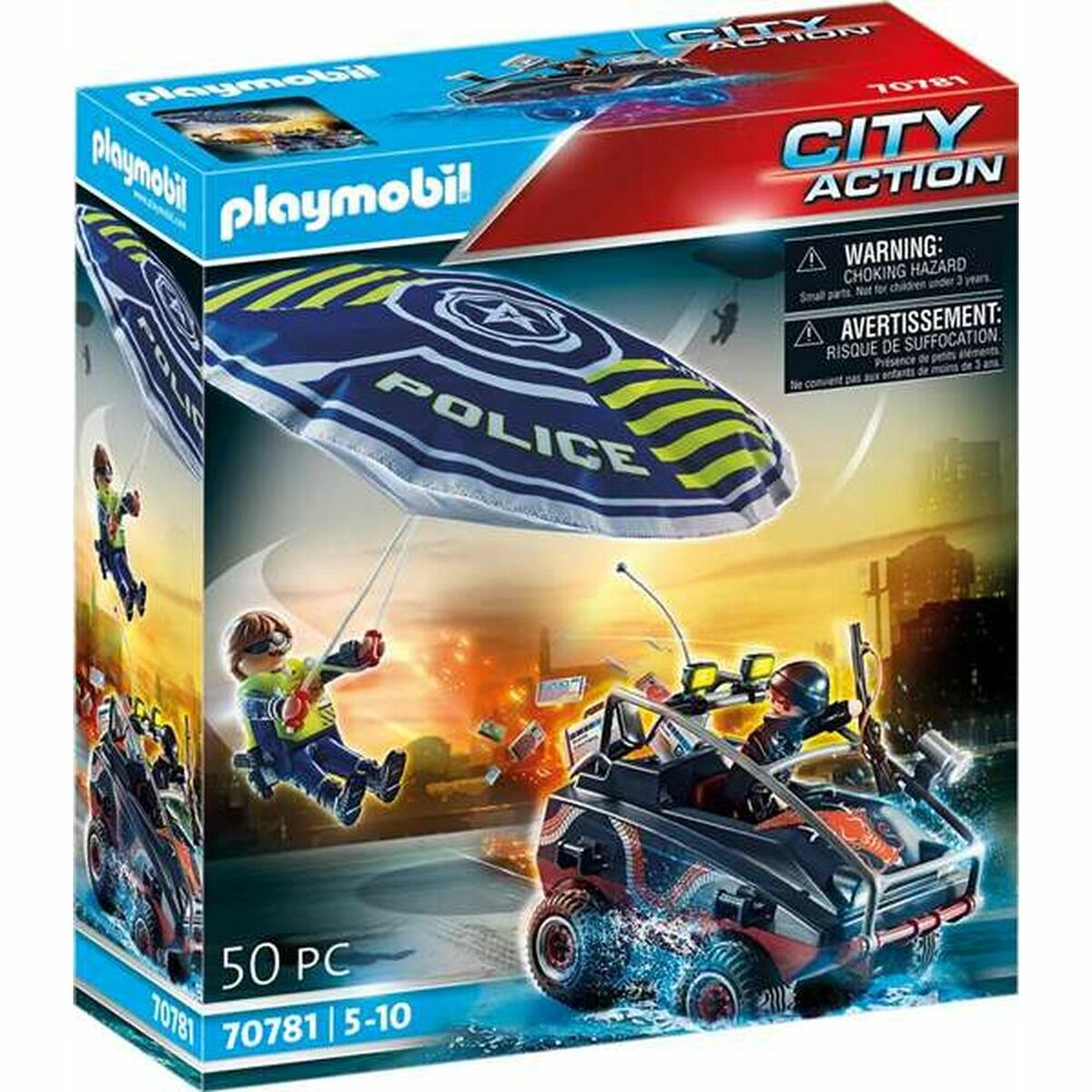 Plageset Playmobil City Action Police Parachute z pojazdem amfibicznym