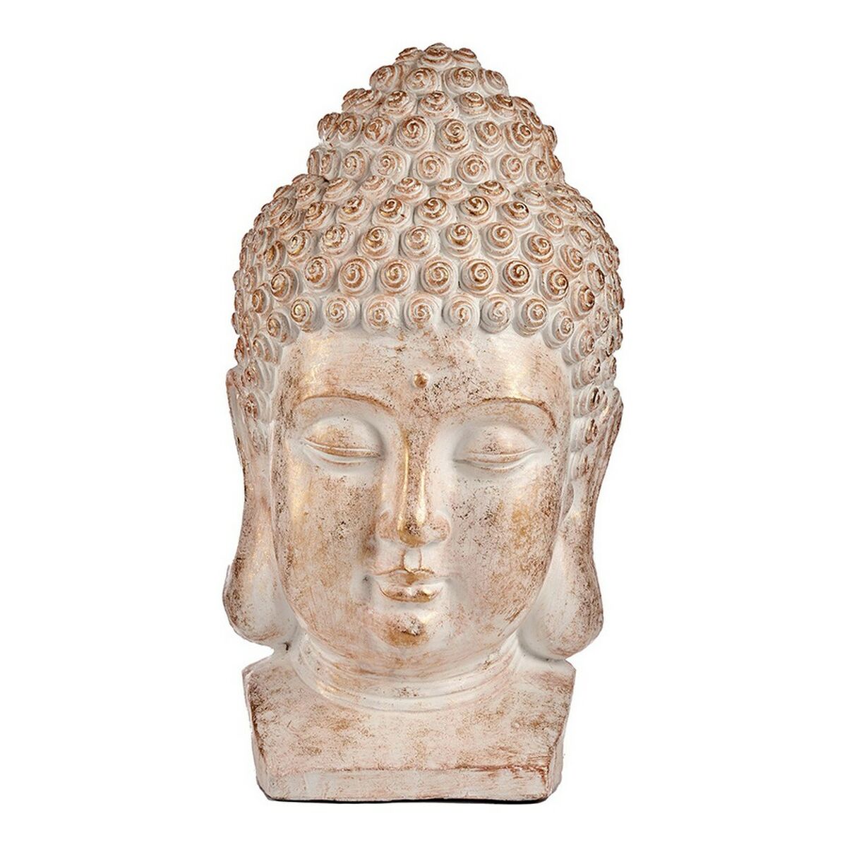 Dekoracyjna figura ogrodowa Buddha głowa biała/złota poliryna (35 x 65,5 x