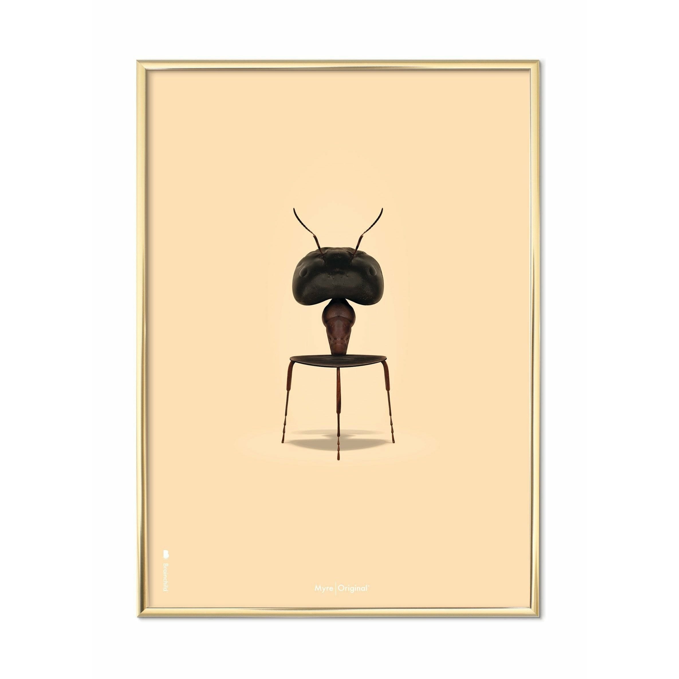 Pomysłowy plakat mrówki, mosiężna rama A5, tło koloru piasku