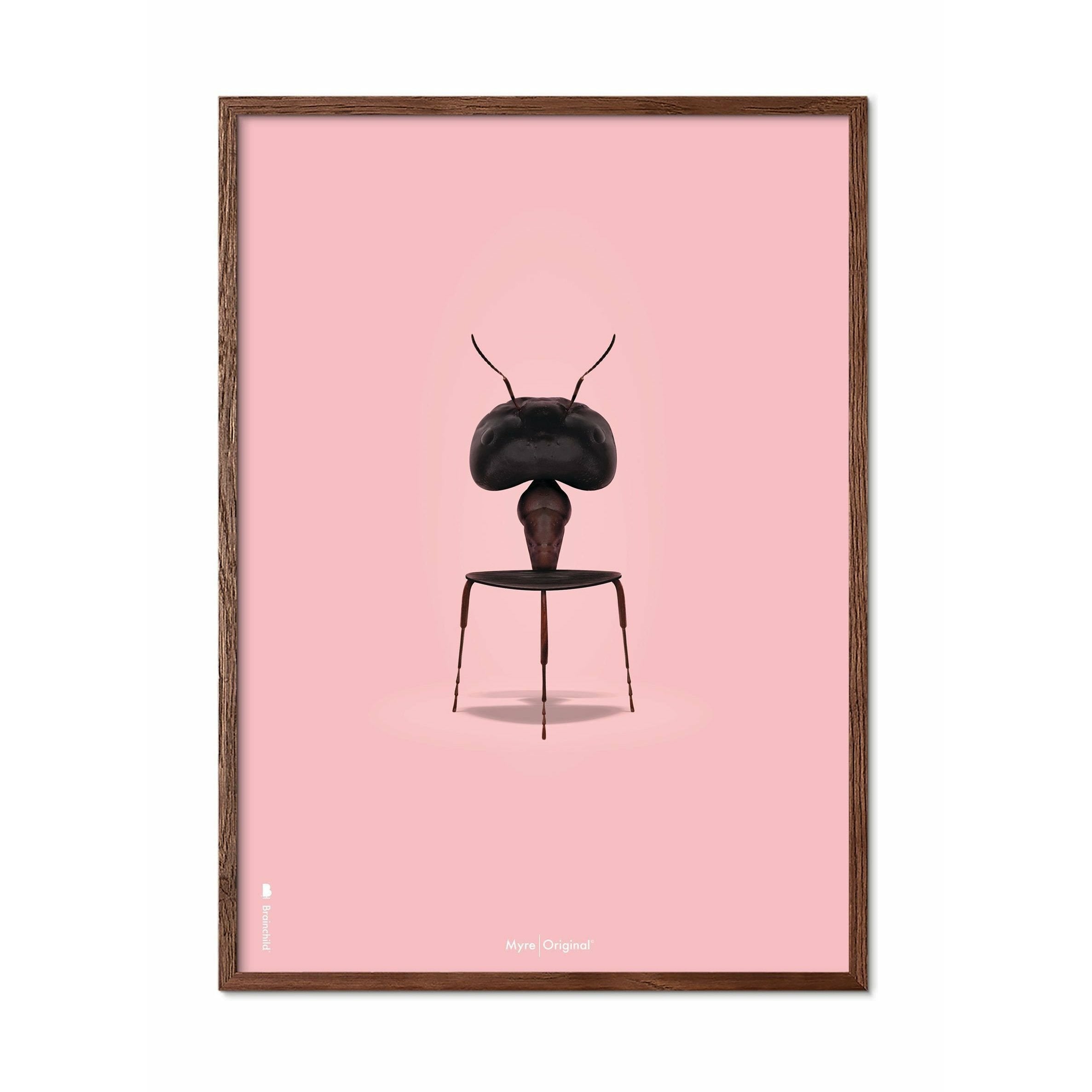 Pomysłowy plakat mrówek, ciemno drewniana rama 30x40 cm, różowe tło