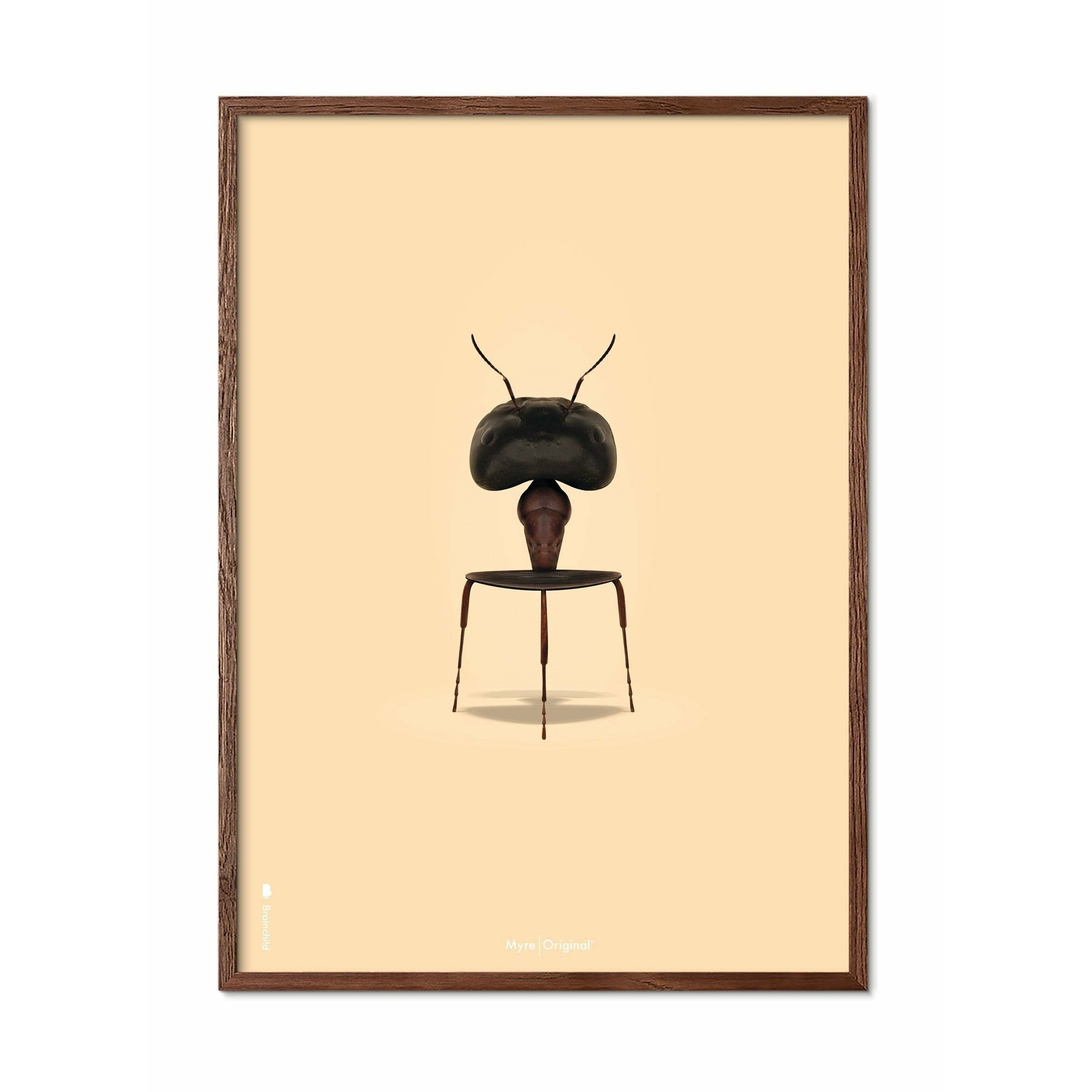Pomysłowy plakat mrówek, ciemno drewniana rama A5, tło w kolorze piasku