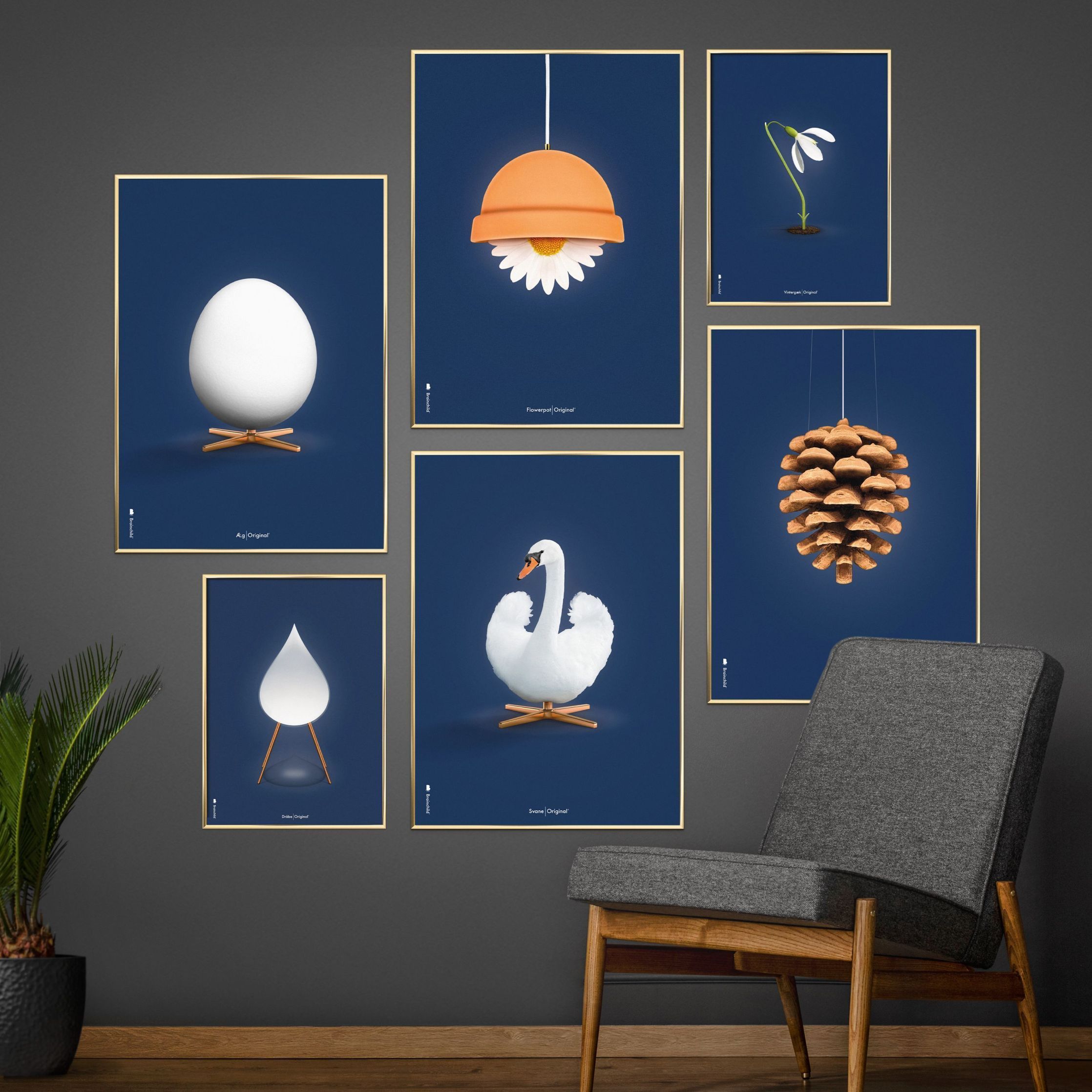 Brainchild Flowerpot Classic Poster, Frame Made Of Light Wood 50x70 Cm, Dark Blue Background