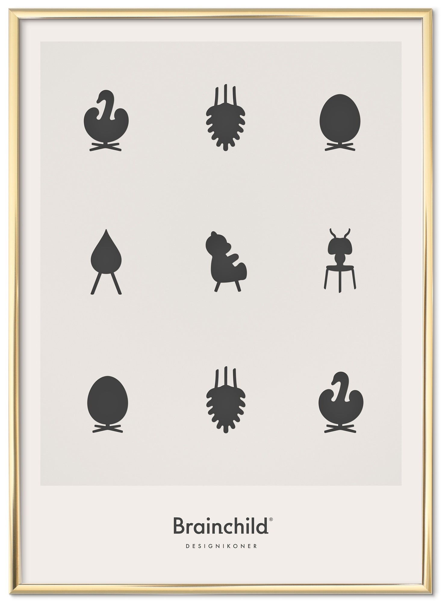 Brainchild Design Icons Poster Brass Frame 30x40 Cm, Light Grey