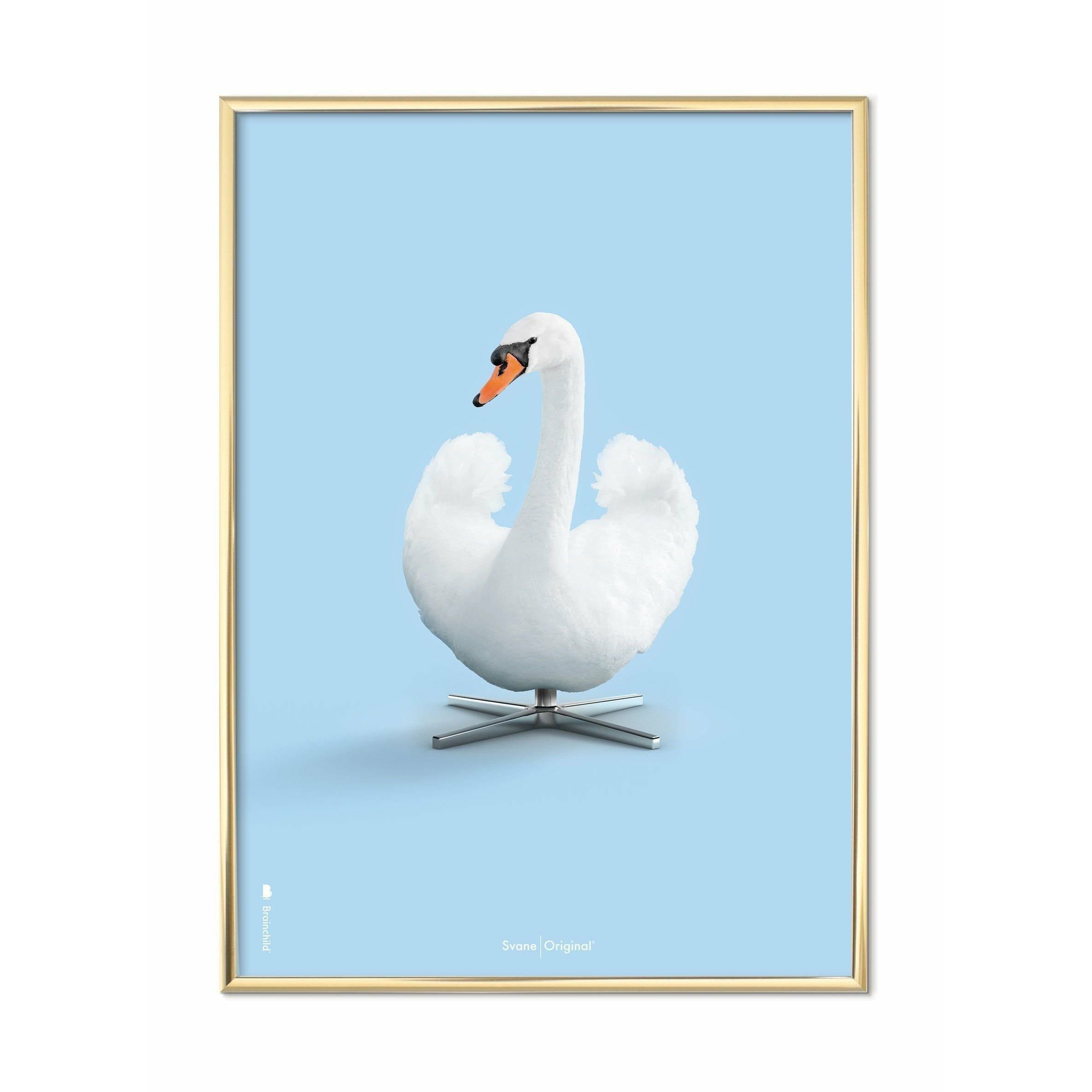 Brainchild Swan Classic Poster, Brass Frame 50x70 Cm, Light Blue Background