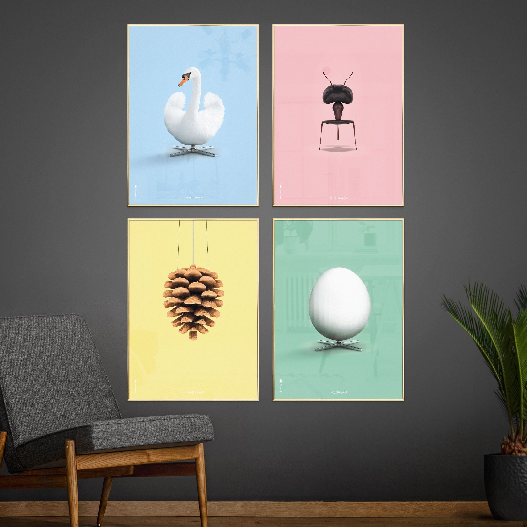 Brainchild Pine Cone Classic Poster, Brass Colored Frame A5, Yellow Background