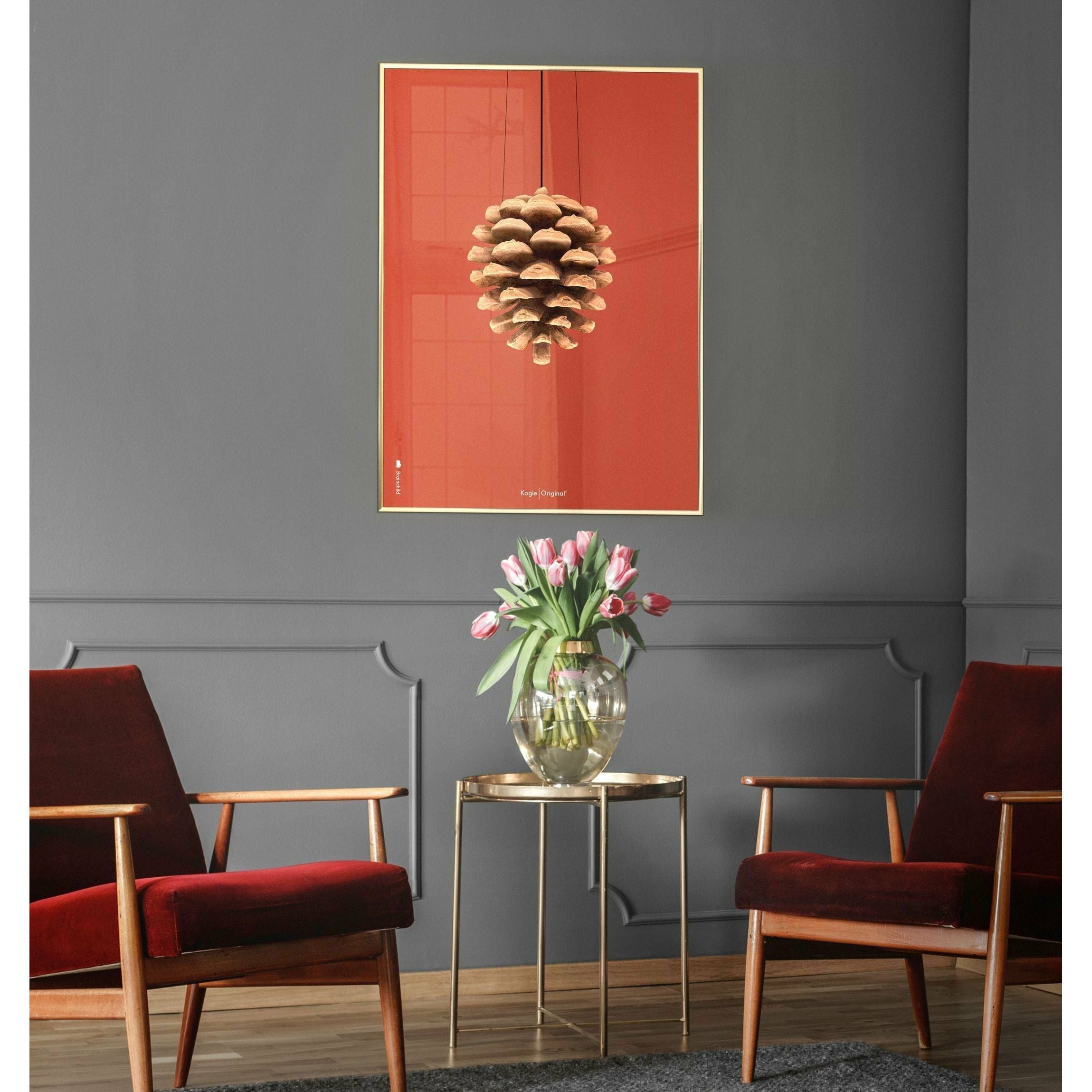 Brainchild Pine Cone Classic Poster, Frame In Black Lacquered Wood 50x70 Cm, Red Background