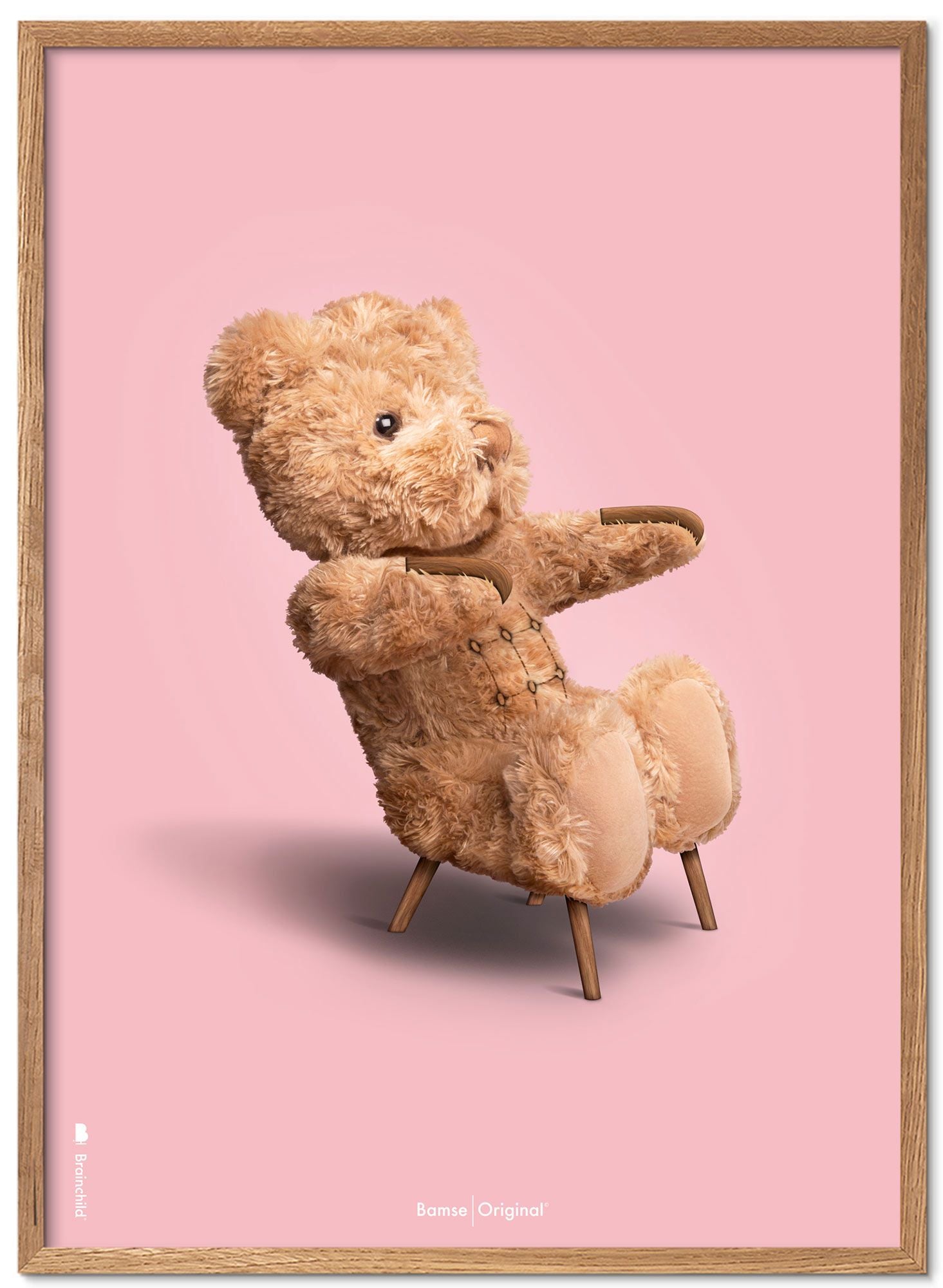 Brainchild Teddy Bear Classic Poster Frame Made Of Light Wood Ramme 50x70 Cm, Pink Background