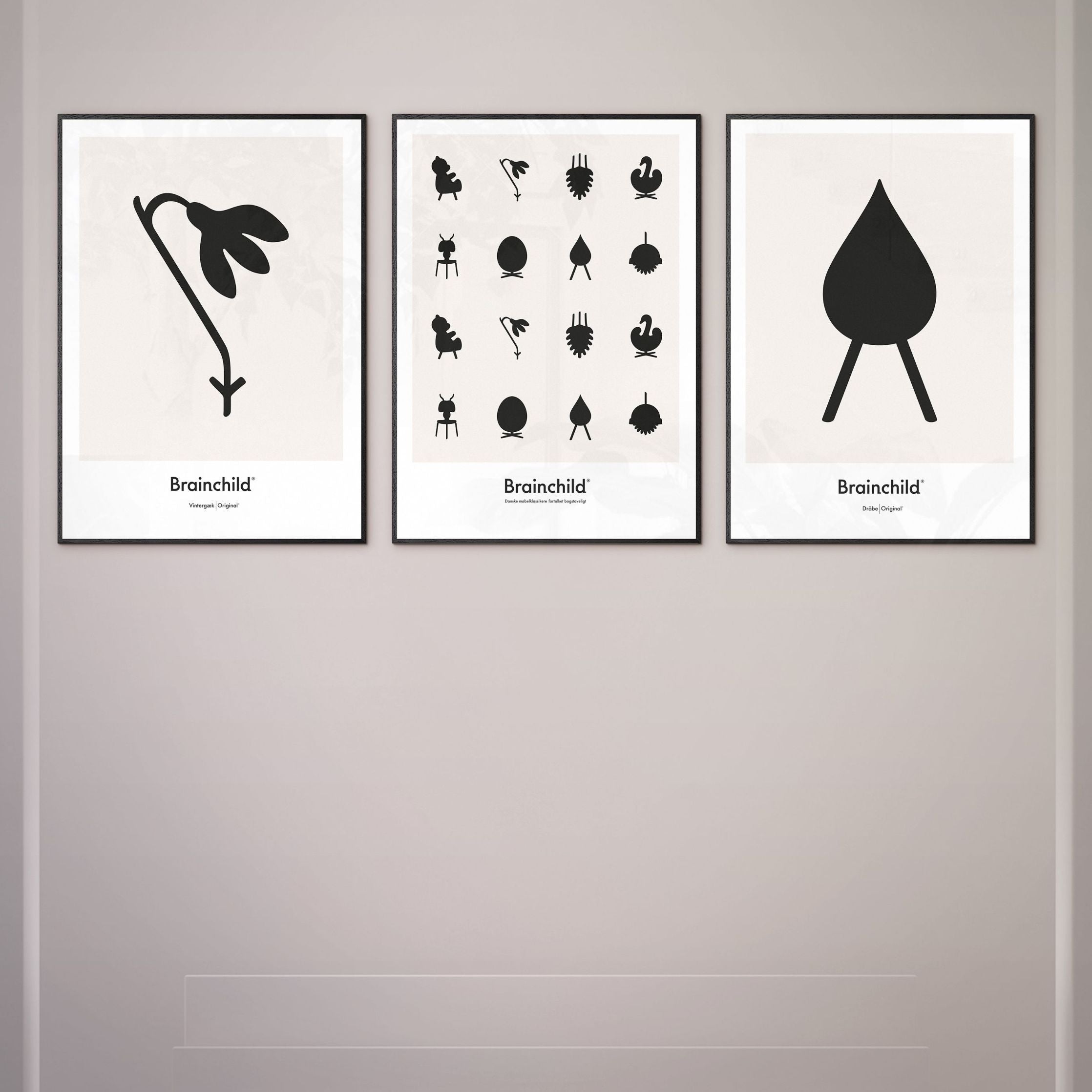 Brainchild Drop Design Icon Poster, Frame Made Of Black Lacquered Wood 50 X70 Cm, Grey