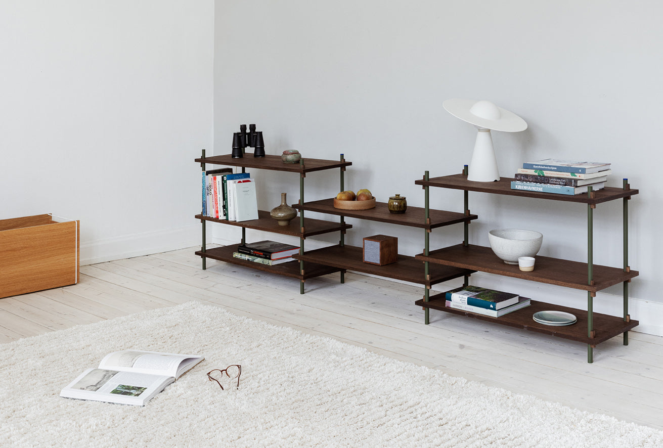 Moebe Shelving System S.255.2.B, Smoked Oak/Pine Green