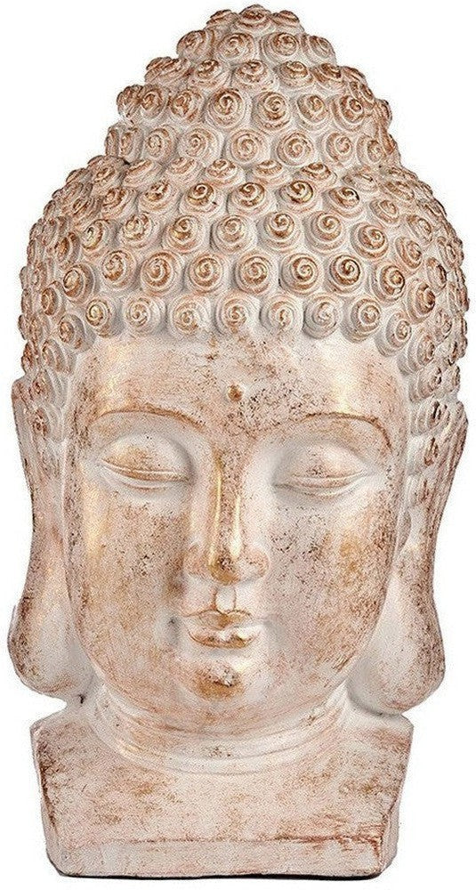 Dekoracyjna figura ogrodowa Buddha głowa biała/złota poliryna (35 x 65,5 x