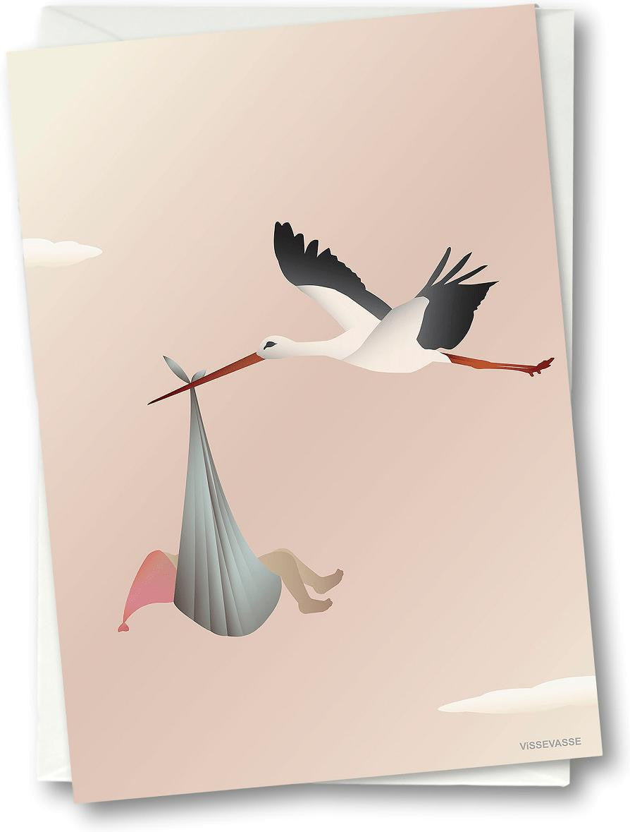 Vissevasse Stork Greeting Card 10,5 x 15 cm, różowy