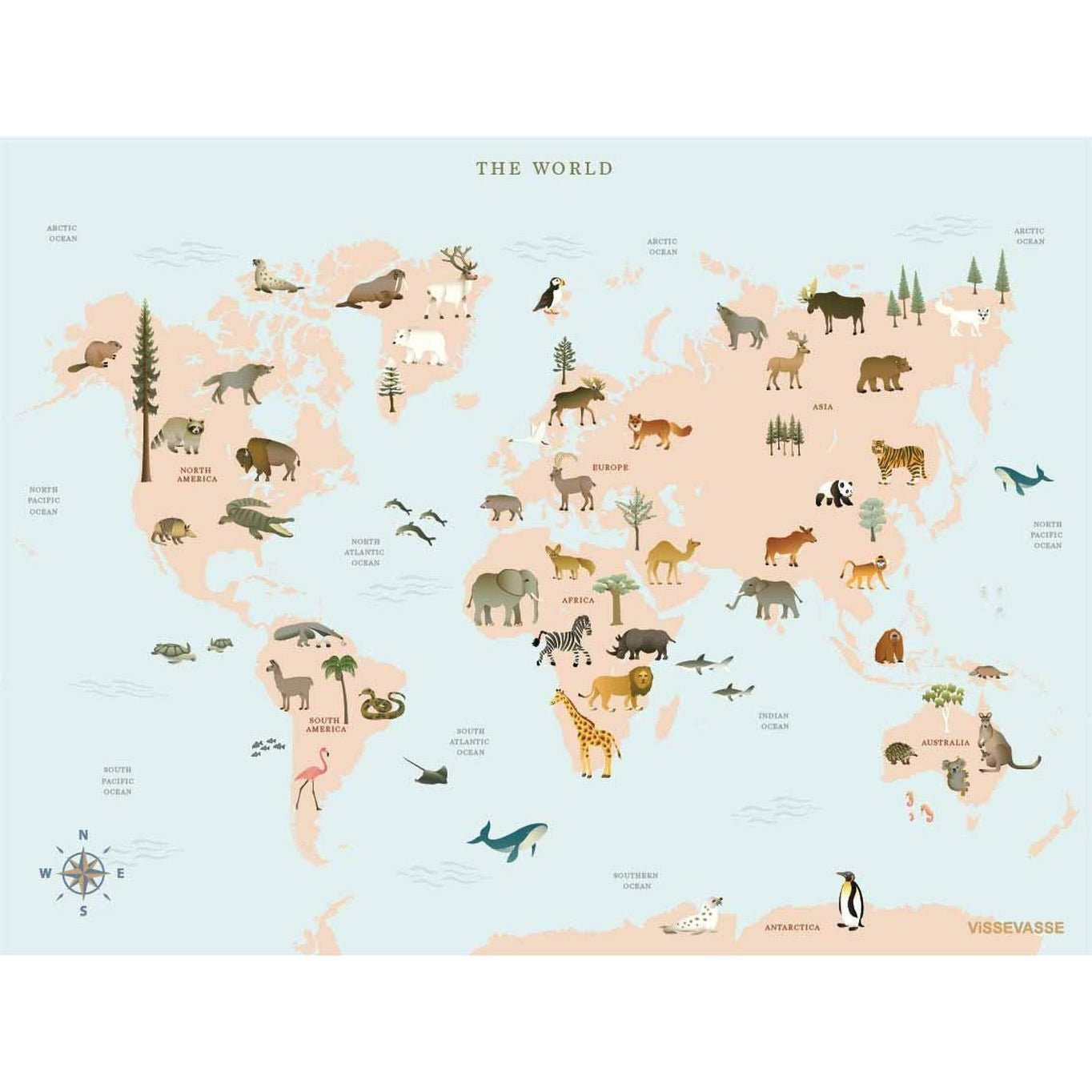 Vissevasse Mapa Mapa Światowa Plakat Animal, 50 x 70 cm