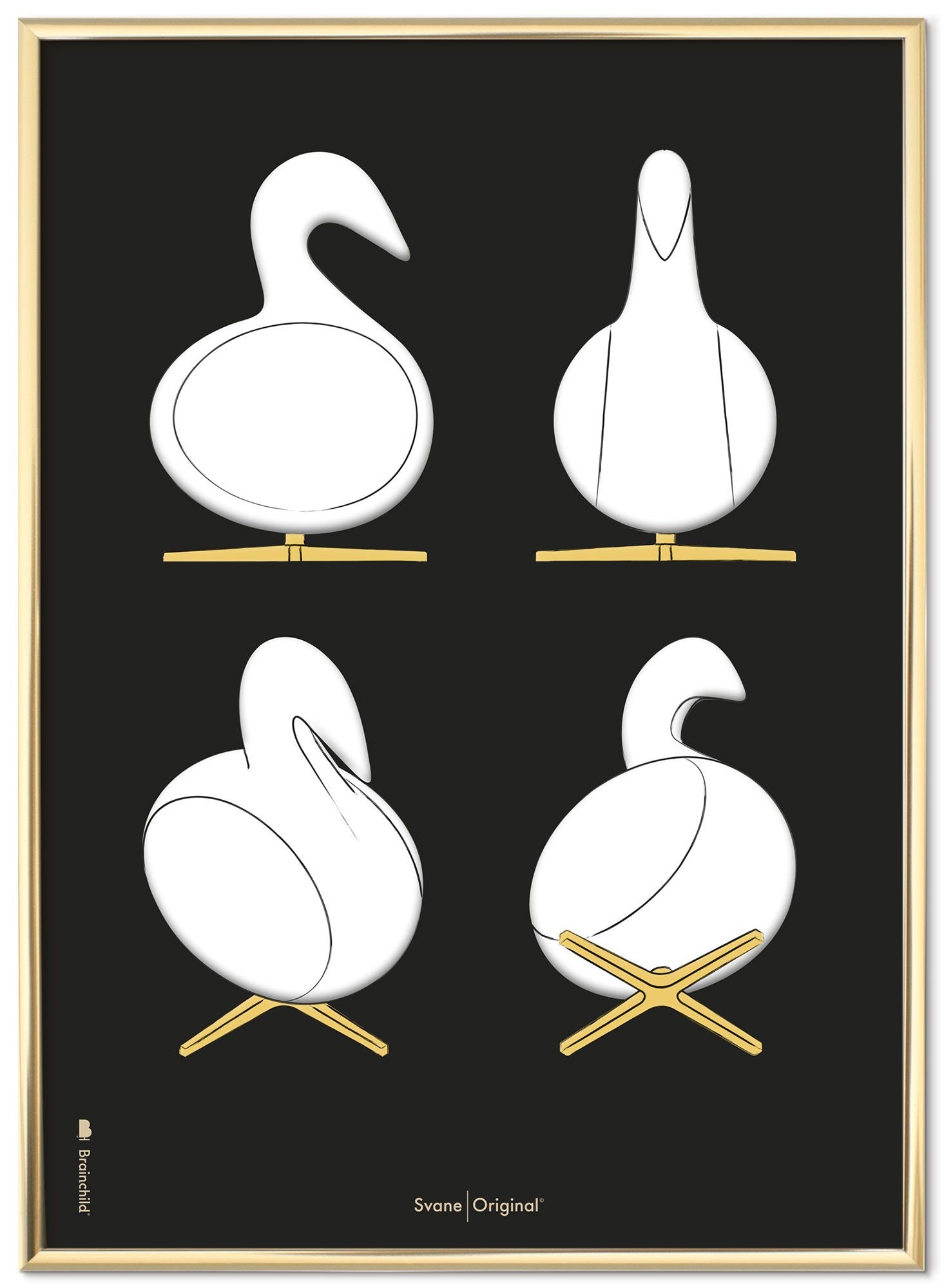 Brainchill Swan Design Szkice na plakat Ramka wykonana z mosiądzu kolorowego metalu 70x100 Cm, czarne tło