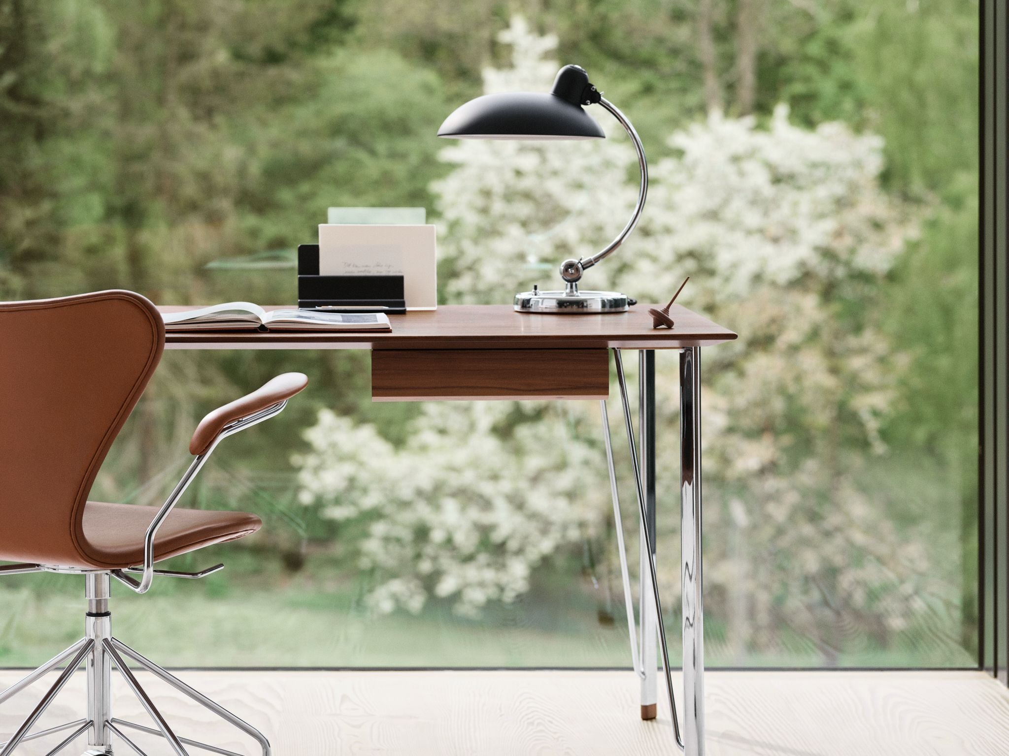 Fritz Hansen Fh3605 Desk With Drawer, Chrome/Walnut Lacquered