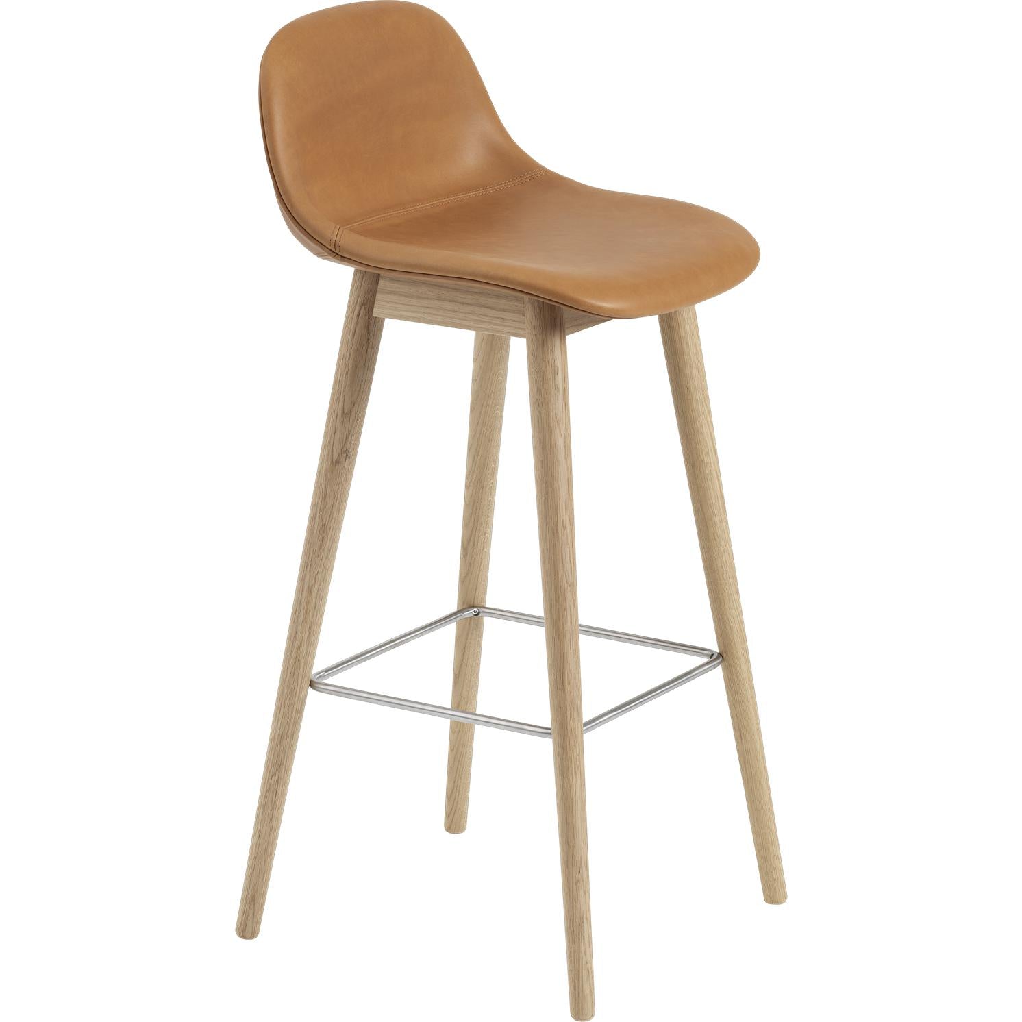 Krzesło barowe Muuto z drewnianymi nogami, światłowód/skórzany siedzenie, brązowa skóra koniakcyjna