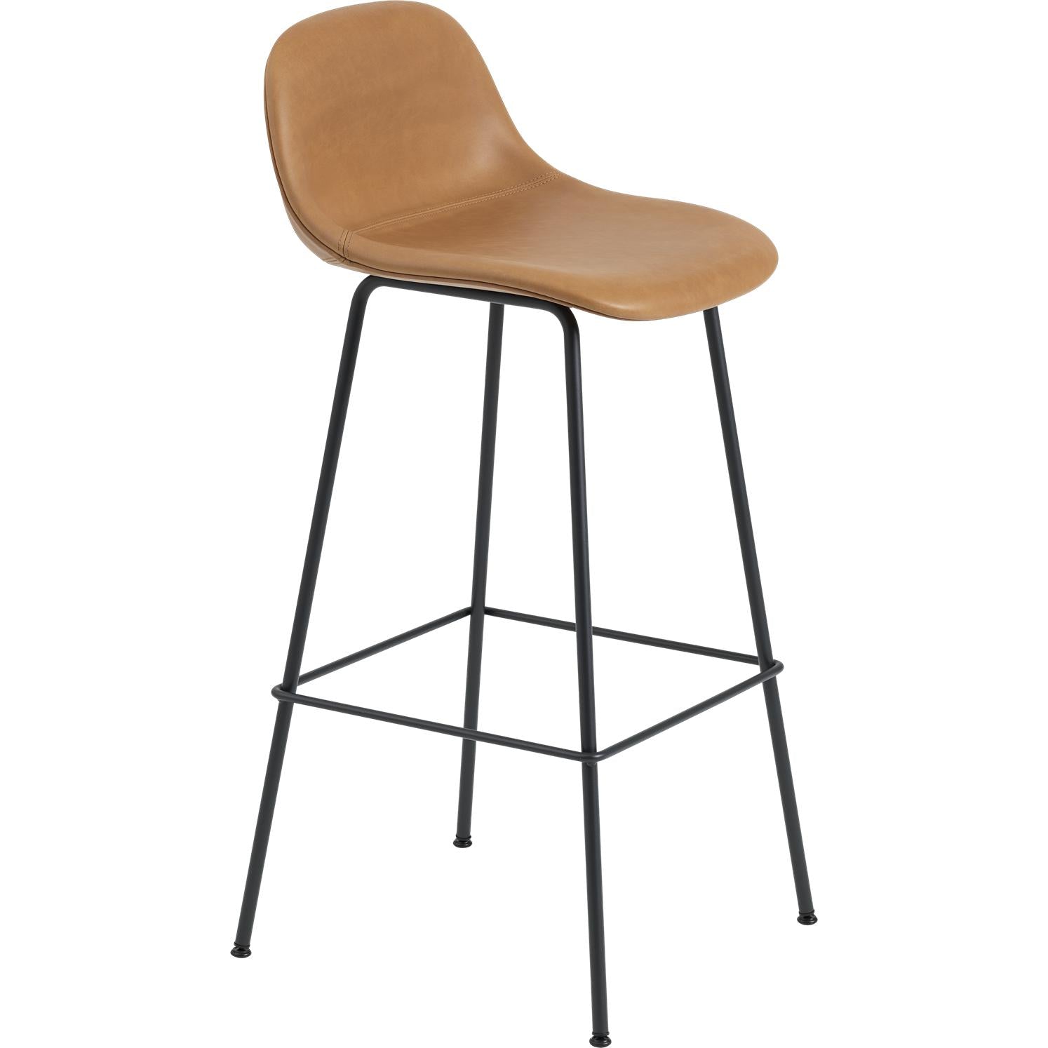 Krzesło barowe Muuto z podstawą rurki oparte, siedzenie światłowodowe, brązowa skóra koniaku