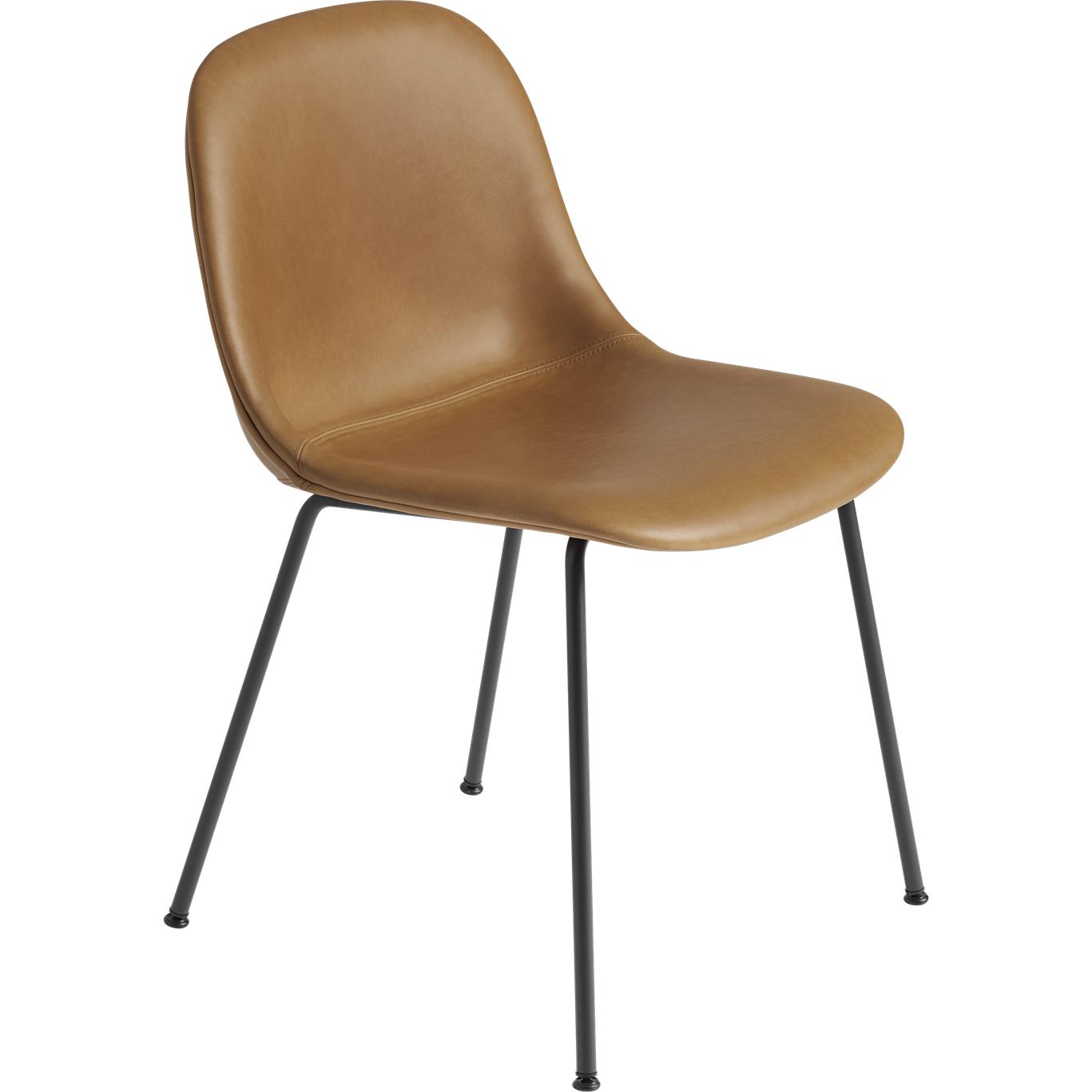 Muuto Fibre Boczne krzesło baza rurki, skórzane siedzenie, brązowa skóra koniaku