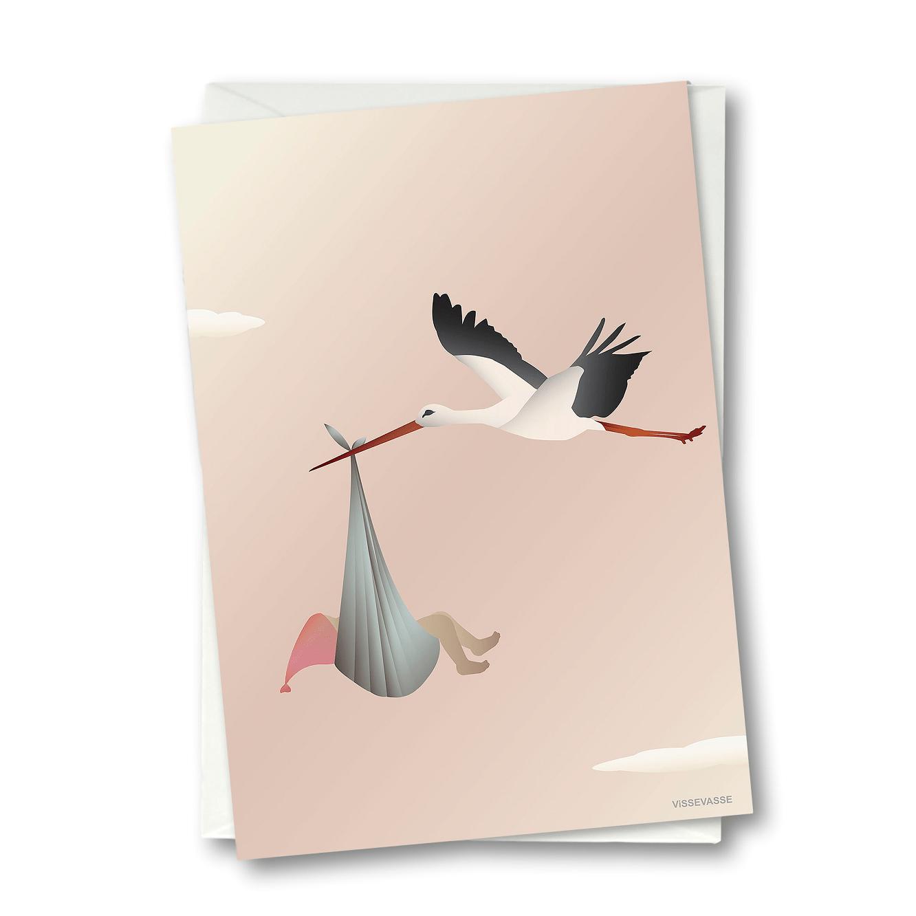 Vissevasse Stork Greeting Card 10,5 x 15 cm, różowy