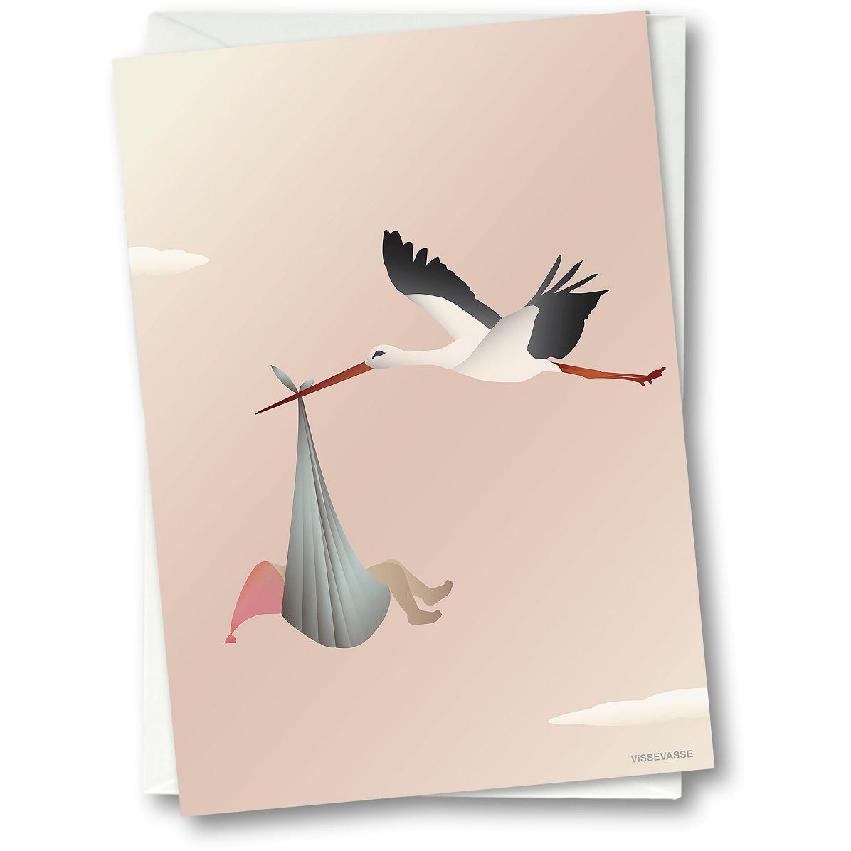 Vissevasse Stork Greeting Card 15 x21 cm, różowy